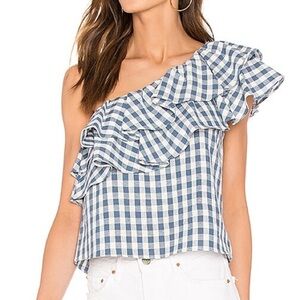 🔆 Misa Los Angeles Agus Ruffled Cotton/Linen Blouse in Blue Gingham, Size Small